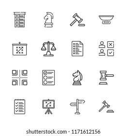 Collection of 16 decision outline icons include icons such as list, auction, tactics, strategy, scale, crossroads, choice