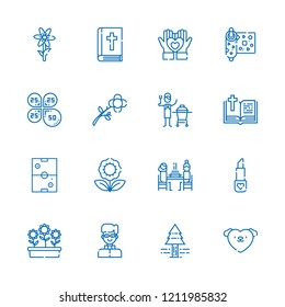 Collection of 16 decorative outline icons include icons such as petals, flower, bible, wrapping, pierrade, ceramic, flowers, love, pine tree, lipstick, air hockey, priest