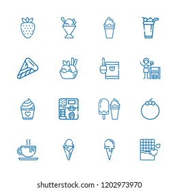 Collection of 16 delicious outline icons include icons such as chocolate, mangosteen, ice cream, sorbet, ice cream cone, candy, homemade, strawberry