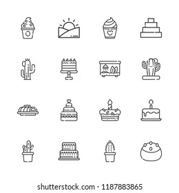 Collection of 16 desert outline icons include icons such as birthday cake, cake, landscape, frozen yogurt, cactus, pyramid, terrarium
