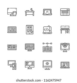 Collection of 16 desktop outline icons include icons such as computer, desk, laptop, tablet, keyboard, pc