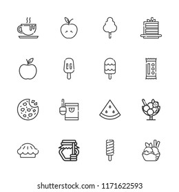 Collection of 16 dessert outline icons include icons such as apple, cookies, chocolate, ice cream, watermelon, popsicle, cotton candy, candy, cake slice, honey