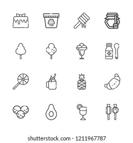 Collection of 16 dessert outline icons include icons such as croissant, ice cream, syrup, pineapple, juice, banana, smoothie, lollipop, cotton candy, honey
