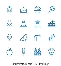 Collection of 16 dessert outline icons include icons such as apple, birthday cake, lollipop, pastry cream, watermelon, banana, ice cream machine, popsicle, cone, strawberry