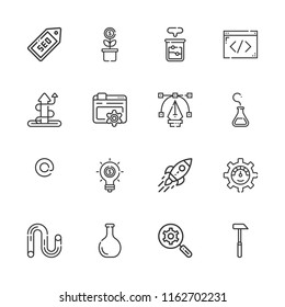 Collection of 16 development outline icons include icons such as optimization, hammer, tube, flask, beaker, startup, seo, search engine, growth, innovation, at,