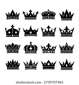 Collection of 16 different black crown silhouettes arranged in four rows against a white background, showcasing various royal crown designs.