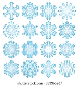 collection of 16 different blue snow flakes isolated on white background