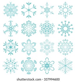collection of 16 different blue snow flakes isolated on white background