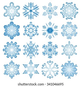 collection of 16 different blue snow flakes isolated on white background