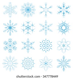 collection of 16 different blue snow flakes isolated on white background