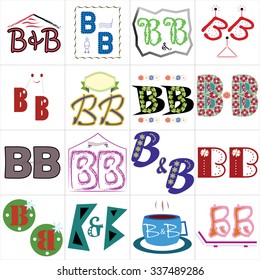 A collection of 16 different and colorful bed and breakfast logos, symbols and typography - Vector and illustration