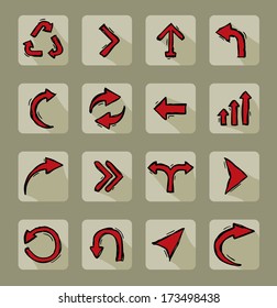 Collection of 16 different red doodle arrow icons