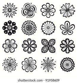 Collection of 16 different stylistic flowers in black and white