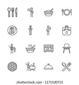 Collection of 16 dinner outline icons include icons such as tray, butler, room service, chef, waiter, microwave, cutlery, dinner, pizza, knife, canteen, baby food
