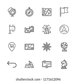Collection of 16 direction outline icons include icons such as pin, compass, return, strategy, globe, flag, rudder, navigator, flags, earth globe, road, map, position