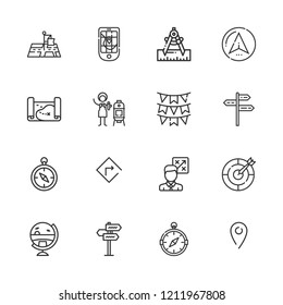 Collection of 16 direction outline icons include icons such as flags, tactics, compass, globe, map, pointer, pin, turn right, navigator, dart board, position, gps