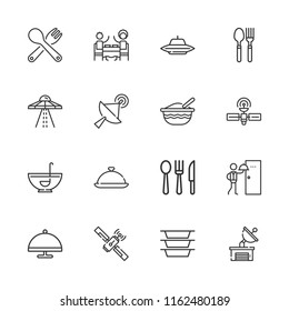 Collection of 16 dish outline icons include icons such as tray, restaurant, room service, cutlery, satellite, punch bowl, ufo, baby food, fork, plates, serving dish