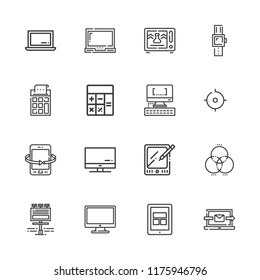 Collection of 16 display outline icons include icons such as tablet, microwave, calculator, tracker, computer, smartwatch, rgb, screen, laptop