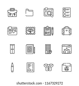 Collection of 16 document outline icons include icons such as list, receipt, suitcase, cabinet, pen, browser, office, folder, browsers, pads, clipboard, briefcase, folders