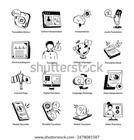 Collection of 16 Doodle Style Interpreter Icons

