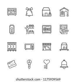 Collection of 16 door outline icons include icons such as key card, microwave oven, house, microwave, bell, keyhole, key, store, planning, lockers, dressing room
