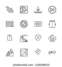 Collection of 16 down outline icons include icons such as download, next, close, turn right, upload arrow, menu, elevator, escalator, silent, landslide