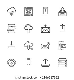 Collection of 16 download outline icons include icons such as server, upload, cloud computing, mail, update, bookmark, download, downloading from smartphone, upload arrow