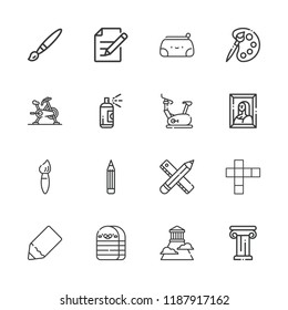 Collection of 16 draw outline icons include icons such as pencil, edit, paint brush, palette, painting, architecture, olympus, paint, hopscotch, stationary bike, brush