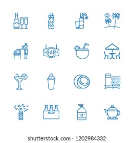 Collection of 16 drink outline icons include icons such as liquid, champagne, bottles, coconut, cocktail, beer, bar, shaker, water, picnic, wine bottle, confetti, beach
