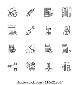 Collection of 16 drug outline icons include icons such as test tube, medicine, syringe, pipette, flask