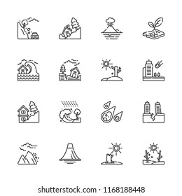 Collection of 16 earthquake outline icons include icons such as volcano, earthquake, meteorite, landslide, avalanche, tsunami
