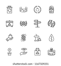 Collection of 16 eco outline icons include icons such as flower, leaf, recycle, renewable energy, sprout, shopping bag, panel, planet earth, flowers, recycling bin