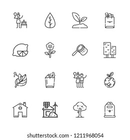 Collection of 16 eco outline icons include icons such as eco house, leaf, lemon, tree, birch, paper bag, tote bag, planet earth, bag, home, sprout, paper bin Collection of 16 eco outline icons include icons such as eco house, leaf, lemon, tree, birch, paper bag, tote bag, planet earth, bag, home, sprout, paper bin