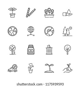 Collection of 16 ecology outline icons include icons such as fruit tree, plant, tree, world, sprout, save water, earth, globe, trash, decorative, electric car, trees, seed