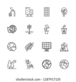 Collection of 16 ecology outline icons include icons such as ecology, nuclear plant, planet earth, recycling, plant, tree, birch, panels, solar panel, trees, chimney