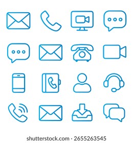 Collection of 16 editable line icons representing modern communication methods. Includes icons such as email, phone, video call, chat, message, envelope, telephone, support, mobile, contact, inbox