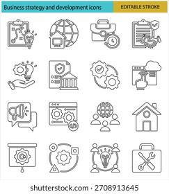 Una colección de 16 iconos de línea de trazo editables que representan varios aspectos de la estrategia de negocios, desarrollo, planificación, alcance global, finanzas y trabajo en equipo para presentaciones o Diseño web.