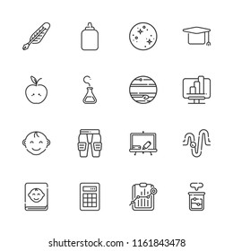 Collection of 16 education outline icons include icons such as beaker, analytics, pads, calculator, baby boy, book, glue, physics, blackboard, flask, quill, mortarboard, apple