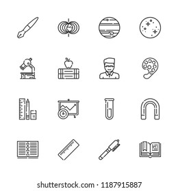 Collection of 16 education outline icons include icons such as educator, test tube, magnet, fountain pen, ruler, school material, paint palette, jupiter, magnetic field