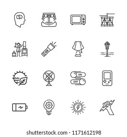 Collection of 16 electric outline icons include icons such as natural resources, fan, microwave oven, lamp, gameboy, battery, charging, solar energy, flashlight, hoverboard