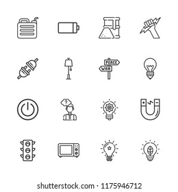 Collection of 16 electricity outline icons include icons such as light bulb, idea, lamp, microwave oven, traffic light, plug, magnet, battery, panel, power button, gasoline