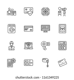 Collection of 16 electronic outline icons include icons such as calculator, computer, credit card, tablet, laptop, cpu, engineer, hair dryer, key card, washing machine