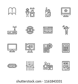 Collection of 16 electronic outline icons include icons such as calculator, cashier, computer, free wifi, tablet, open book, virtual reality, equalizer controller