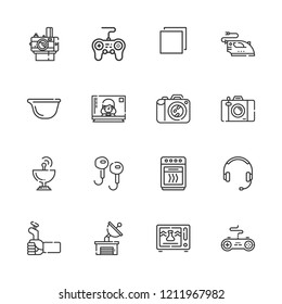 Collection of 16 electronics outline icons include icons such as headphones, camera, oven, microwave, dish, gamepad, multi tab, game controller, satellite dish, photo camera