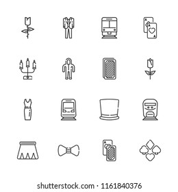 Collection of 16 elegant outline icons include icons such as cards, suit, tulip, dress, train, top hat, skirt, candelabra