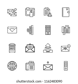Collection of 16 email outline icons include icons such as post, internet, message, address book, file, flat, ads, fax, email, love letter