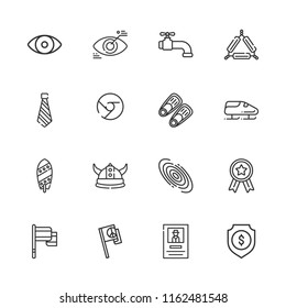 Collection of 16 emblem outline icons include icons such as medal, faucet, triangle, eye, flag, wanted, bobsleigh, fins, shield, chrome logo, surfboard, tie, viking