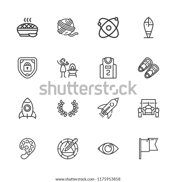 Collection of 16 emblem\
outline icons include icons such as shield, atomic, basketball\
jersey, fins, surfboard, classic car, rocket, flag, paint palette,\
yarn ball, wheel