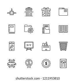 Collection of 16 empty outline icons include icons such as folder, basket, poster, board, app, box, badge, recycle bin, notebook, label