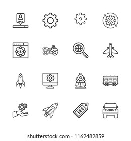 Collection of 16 engine outline icons include icons such as settings, gear, search engine, seo, rocket, quad, web development, jeep, locomotive, plane